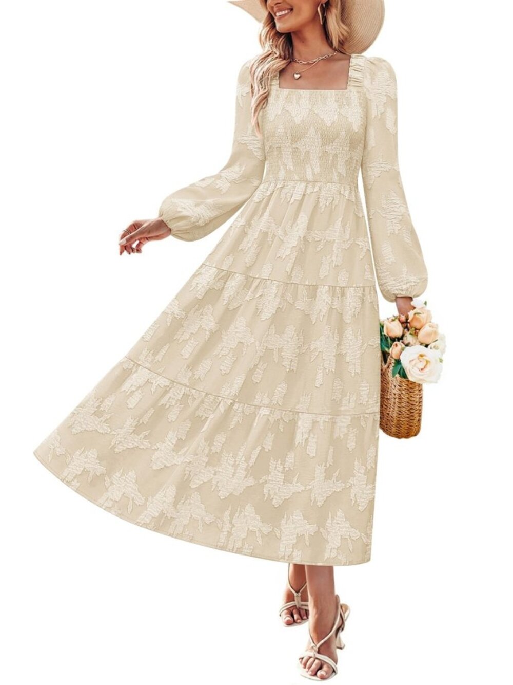 Womens Fall Long Sleeve Floral Wedding Guest Midi Dress